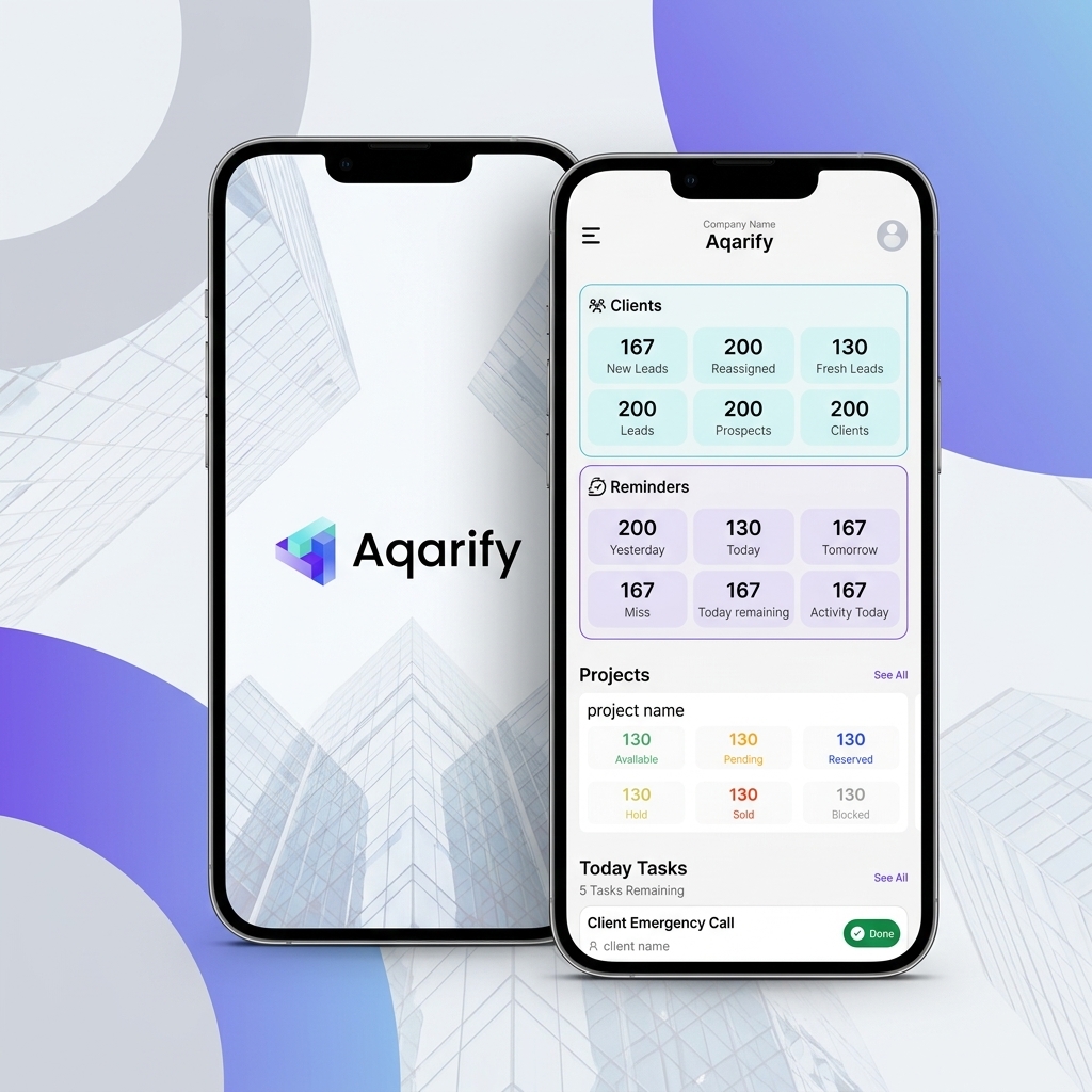 Aqarify CRM app: clients, reminders, sale tickets, tasks, projects and profile