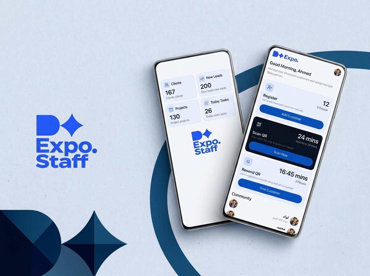 D+ Expo Staff app: visitor registration, QR scanning and the day's clients, leads and tasks