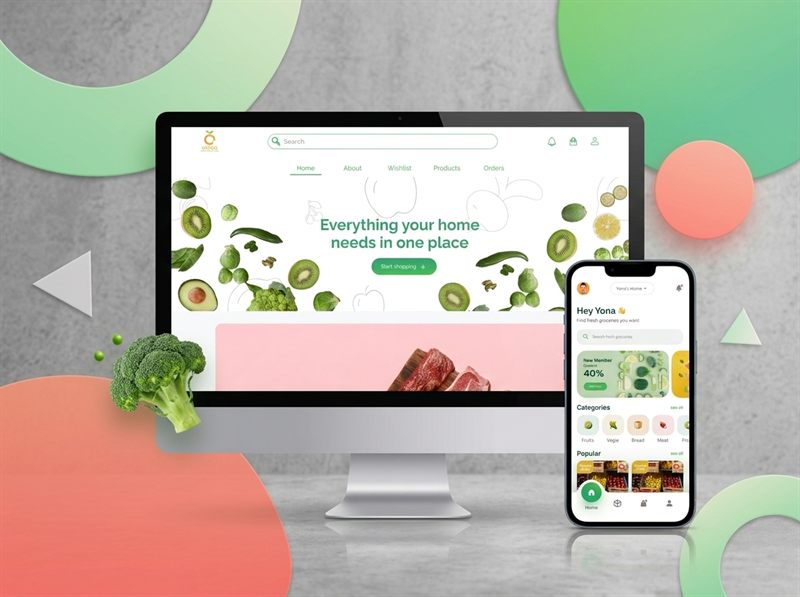 Alheba grocery store on a desktop website and a phone app: “Everything your home needs in one place”