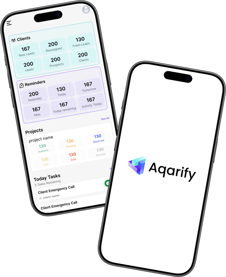 The Aqarify app: the home screen with clients, reminders, projects and today’s tasks, beside the Aqarify splash screen
