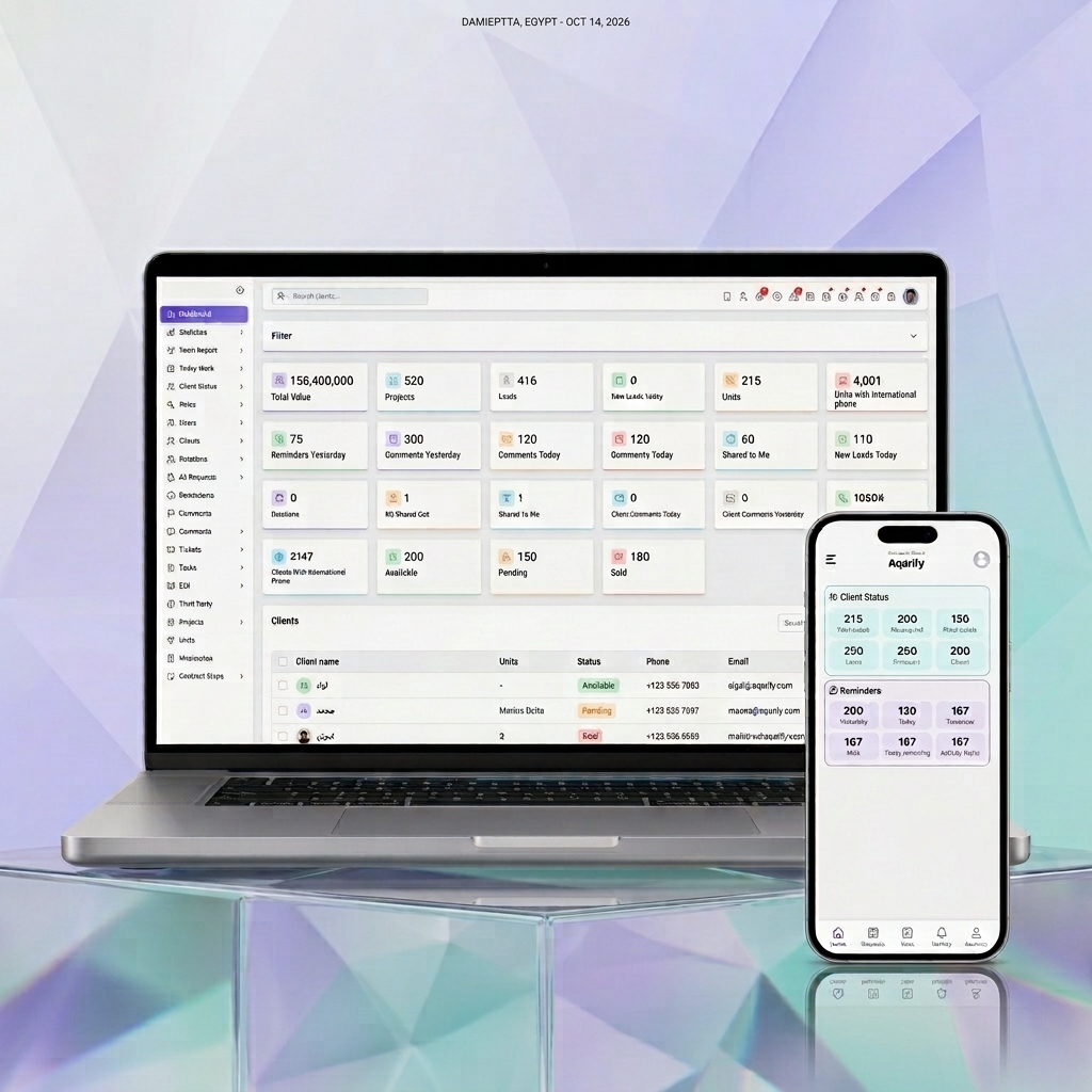 Aqarify CRM app on two phones: the splash screen and the home screen with clients, reminders and projects