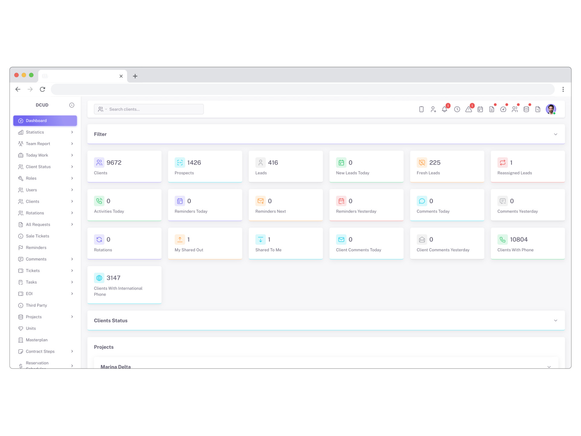 Aqarify CRM dashboard: revenue, active deals, new contacts and completed tasks, a monthly revenue chart, a pipeline snapshot and recent activity