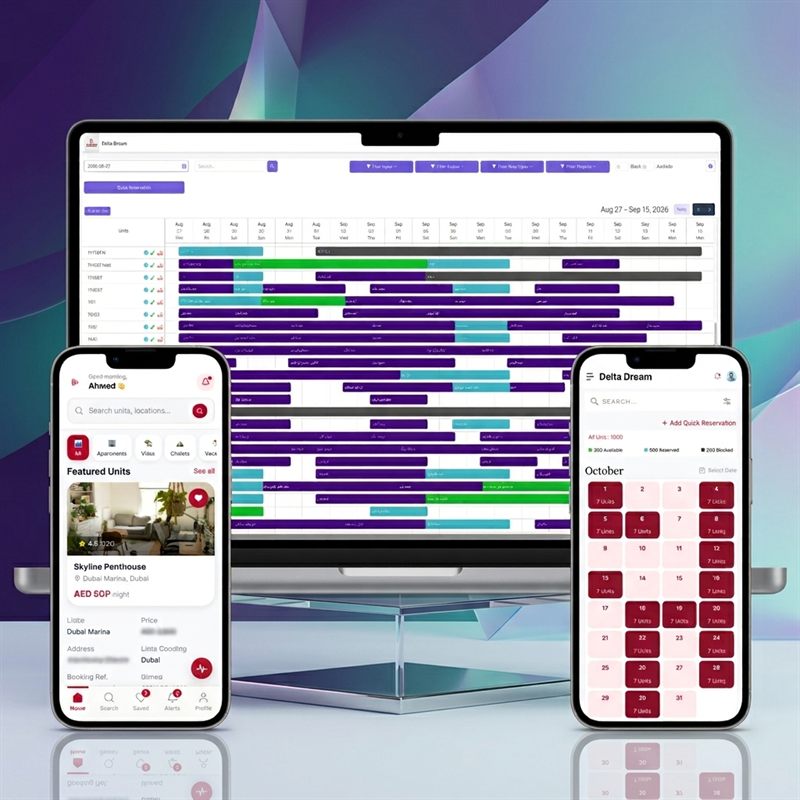 Delta Dream reservations dashboard on a laptop, with two phones: featured units in the guest app and the units availability calendar