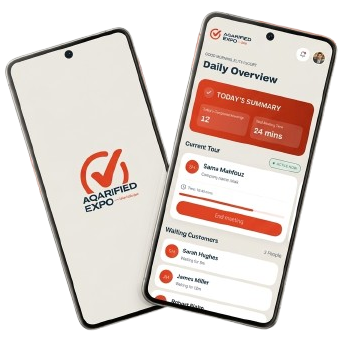 The Aqarified Expo staff app: the daily overview with today’s summary, the current tour and waiting customers, beside the Aqarified Expo splash screen