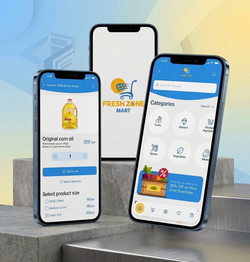 Fresh Zone Mart app on three phones: product page, splash screen and categories