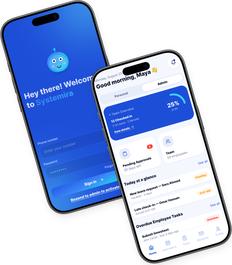 The HR System mobile app: the sign-in screen, beside the admin home with team check-ins, pending approvals and today’s requests