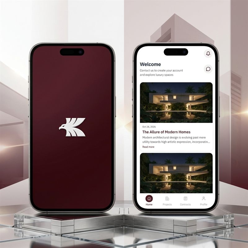 Kewan app on two phones: the splash screen with the eagle logo and the home screen with articles on modern homes