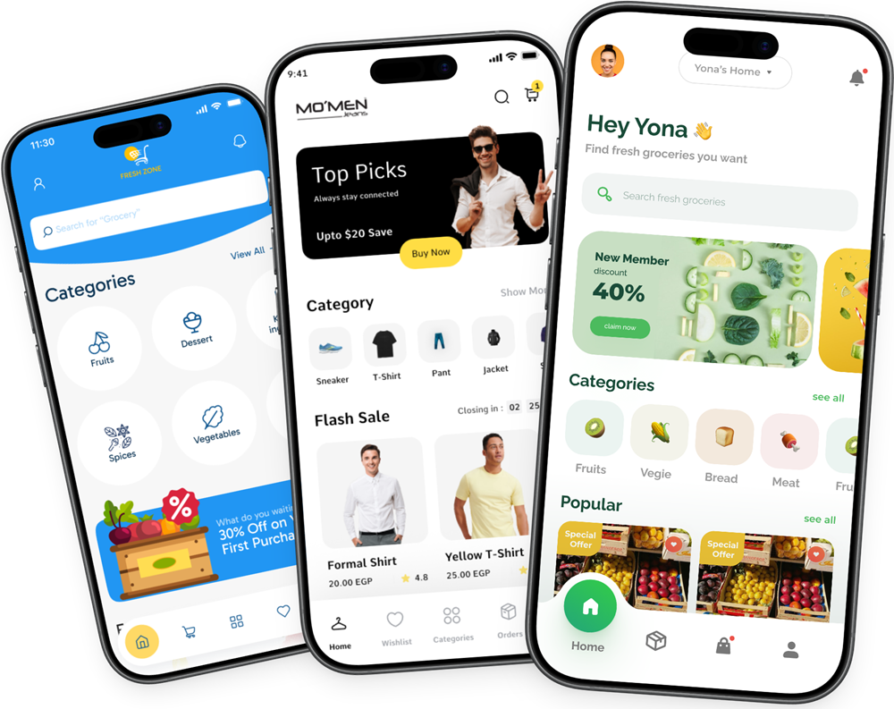 Store apps built on Manfazy: Fresh Zone, Mo’Men Jeans and Alheba, showing categories, flash sales and offers