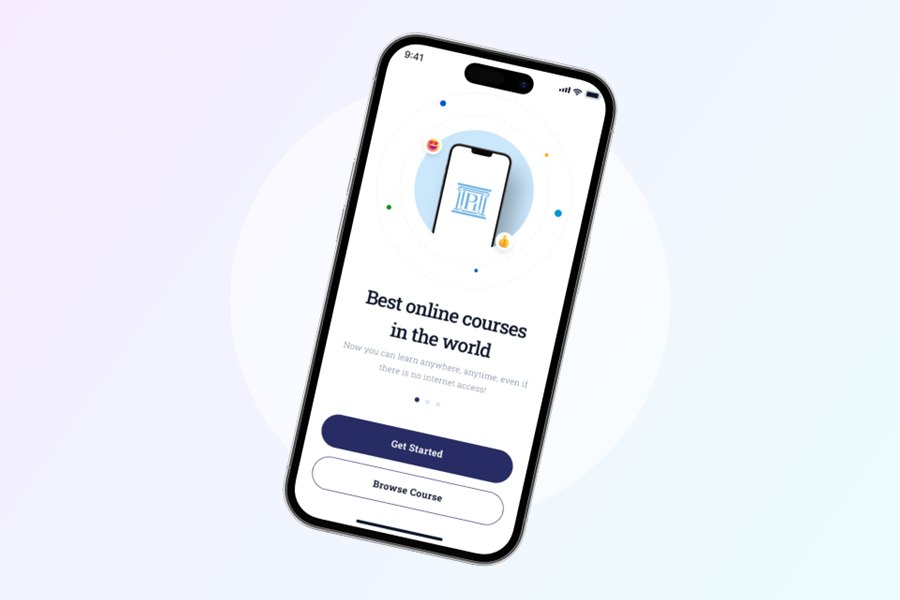 Pioneer Courses app on a phone: the welcome screen reading “Best online courses in the world” with Get Started and Browse Course buttons