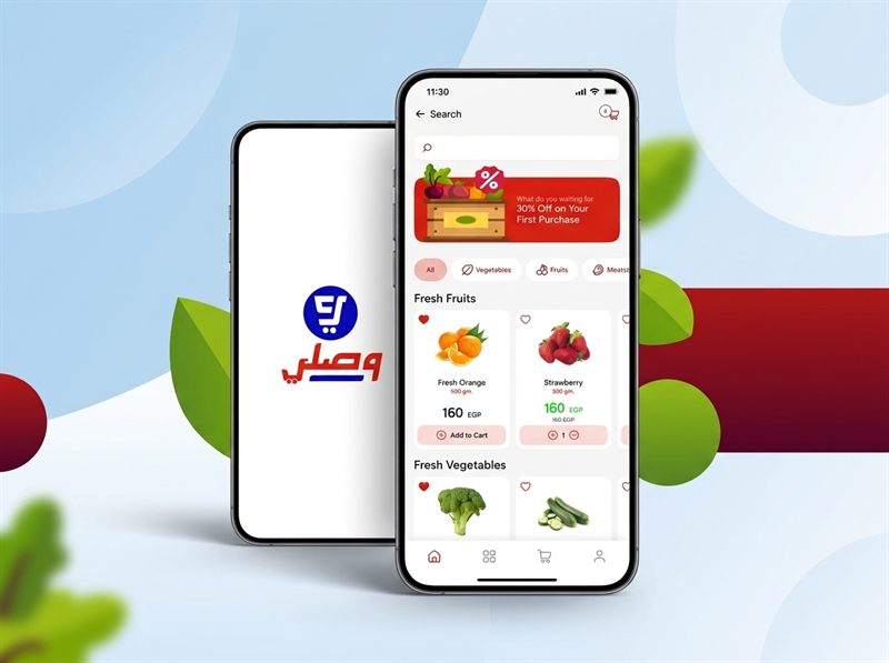 Wassaly app on two phones: the splash screen and the fresh fruit and vegetables page with a 30% first-order offer